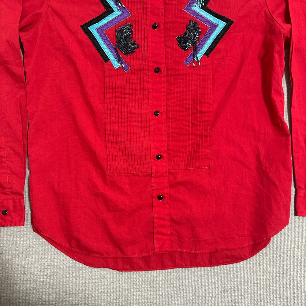 Wrangler Womens L Red Western Button Up Shirt Beaded Embroidered Pintuck Pleated - Picture 4 of 15